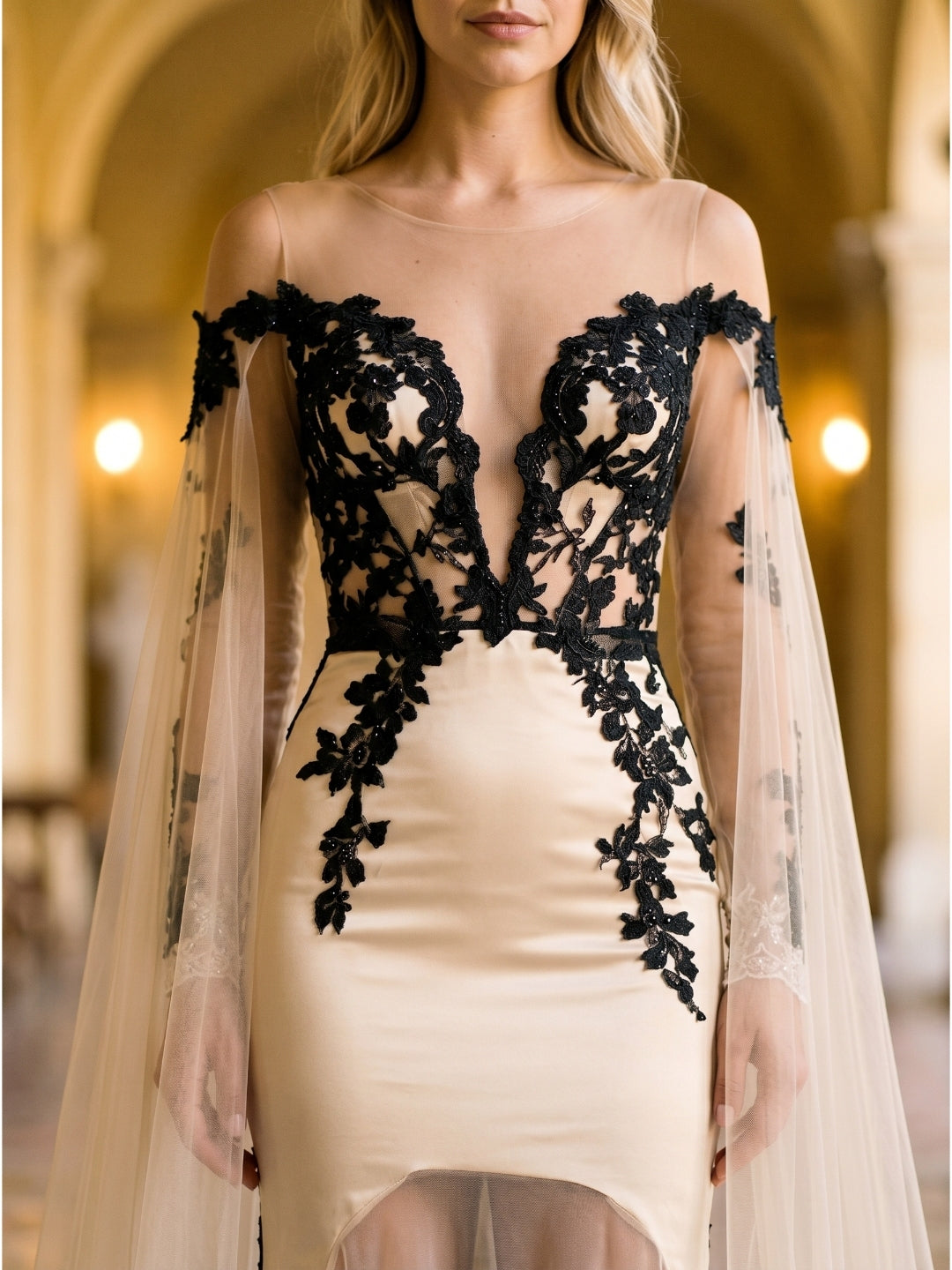 Sand Tulle Mermaid V-Neck Corset Back Floor-Length Wedding Dress with 3D Flowers