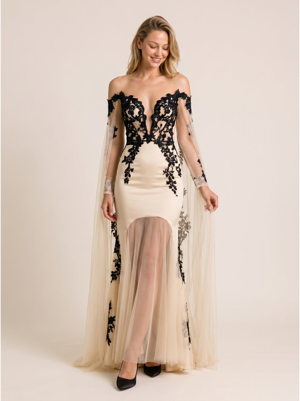 Sand Tulle Mermaid V-Neck Corset Back Floor-Length Wedding Dress with 3D Flowers