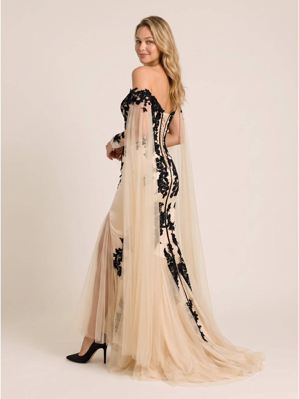 Sand Tulle Mermaid V-Neck Corset Back Floor-Length Wedding Dress with 3D Flowers