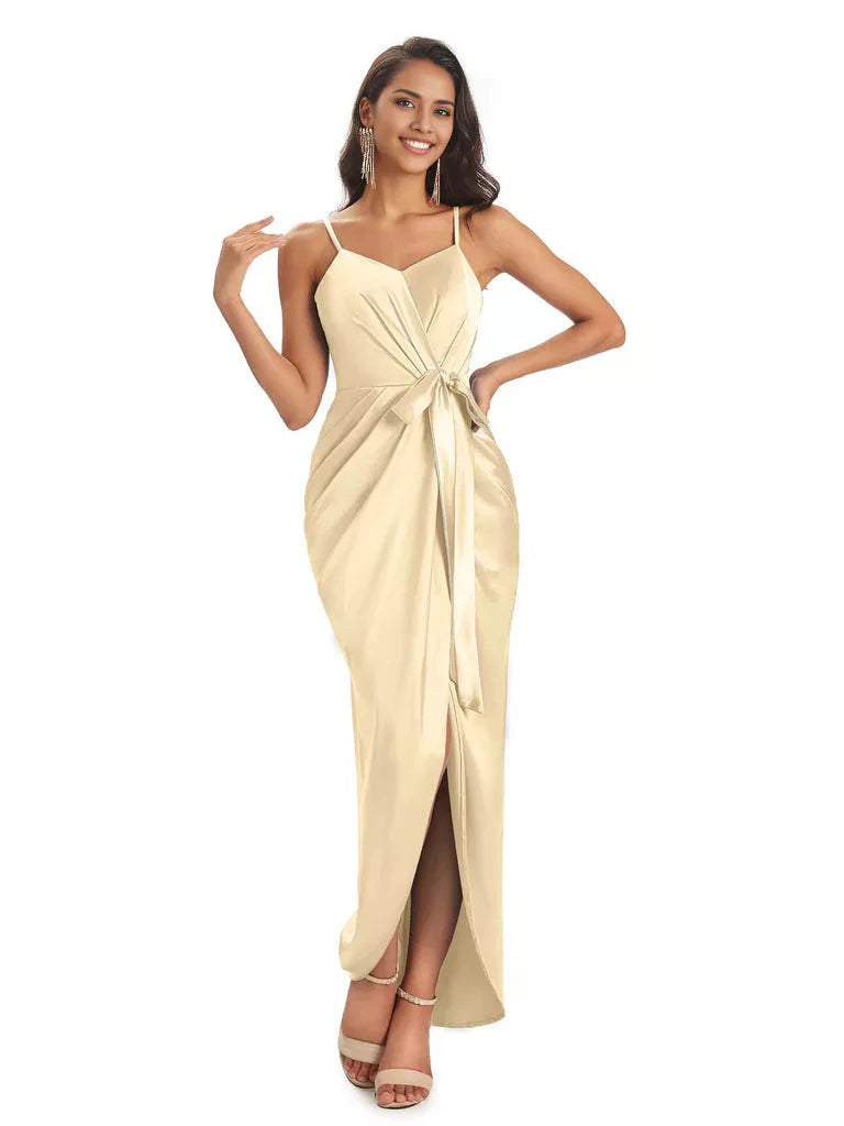 High Low Spaghetti Straps V-neck Mermaid Asymmetrical Soft Satin Bridesmaid Dresses