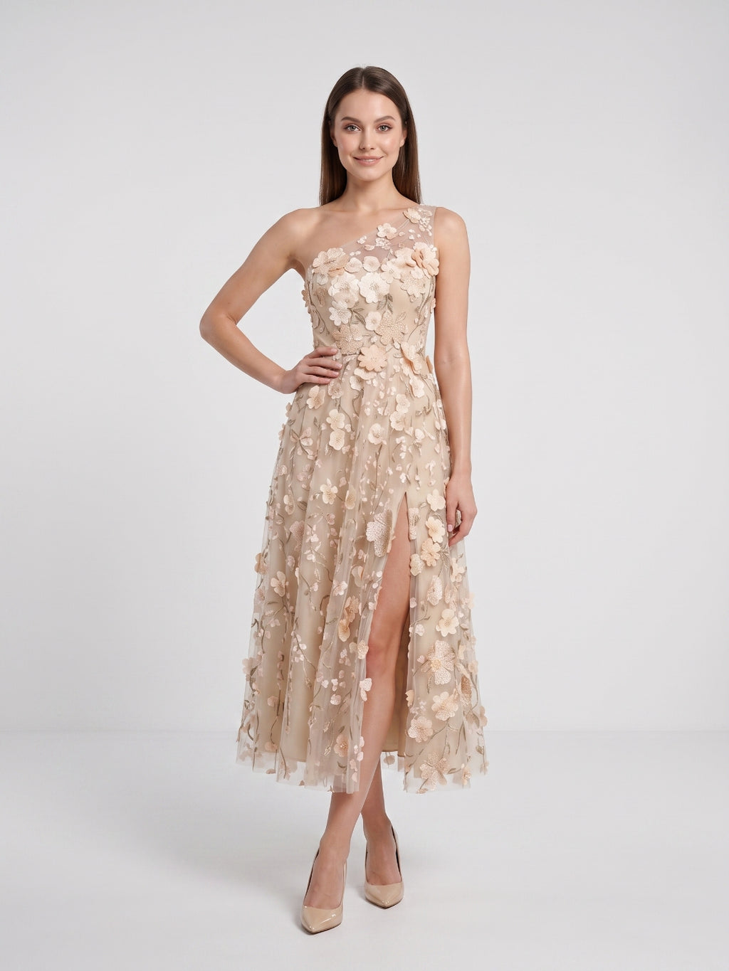 Sky Blue with Pastel Flowers Mesh Tulle A-Line One Shoulder Midi Dress