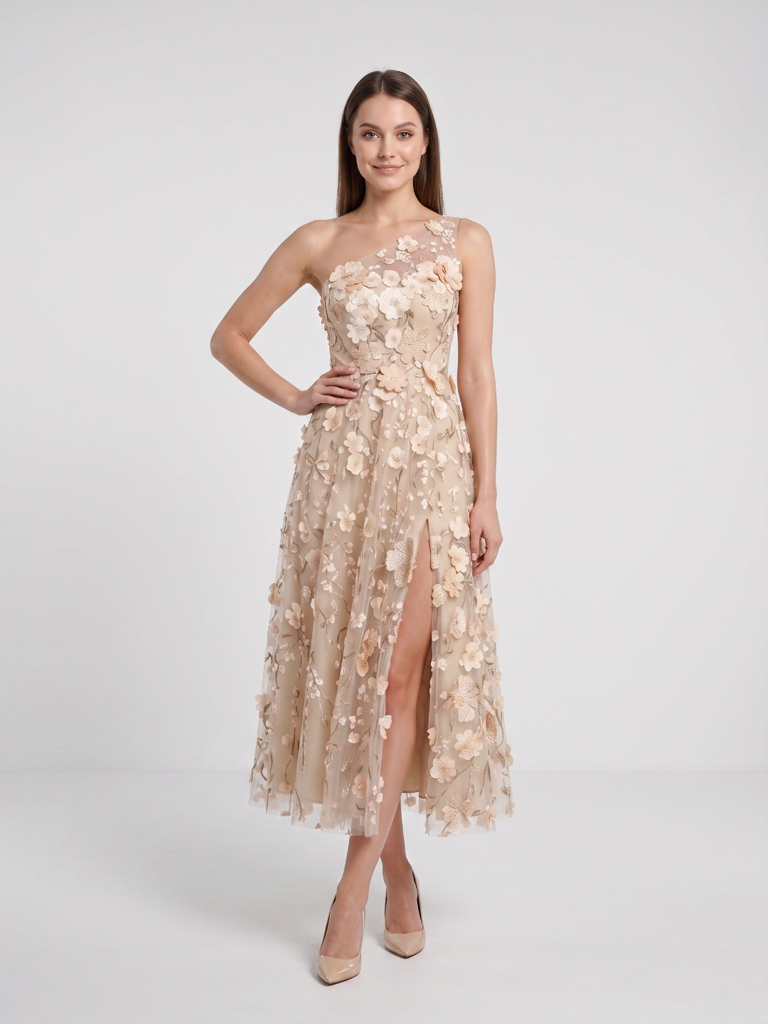 Sky Blue with Pastel Flowers Mesh Tulle A-Line One Shoulder Midi Dress