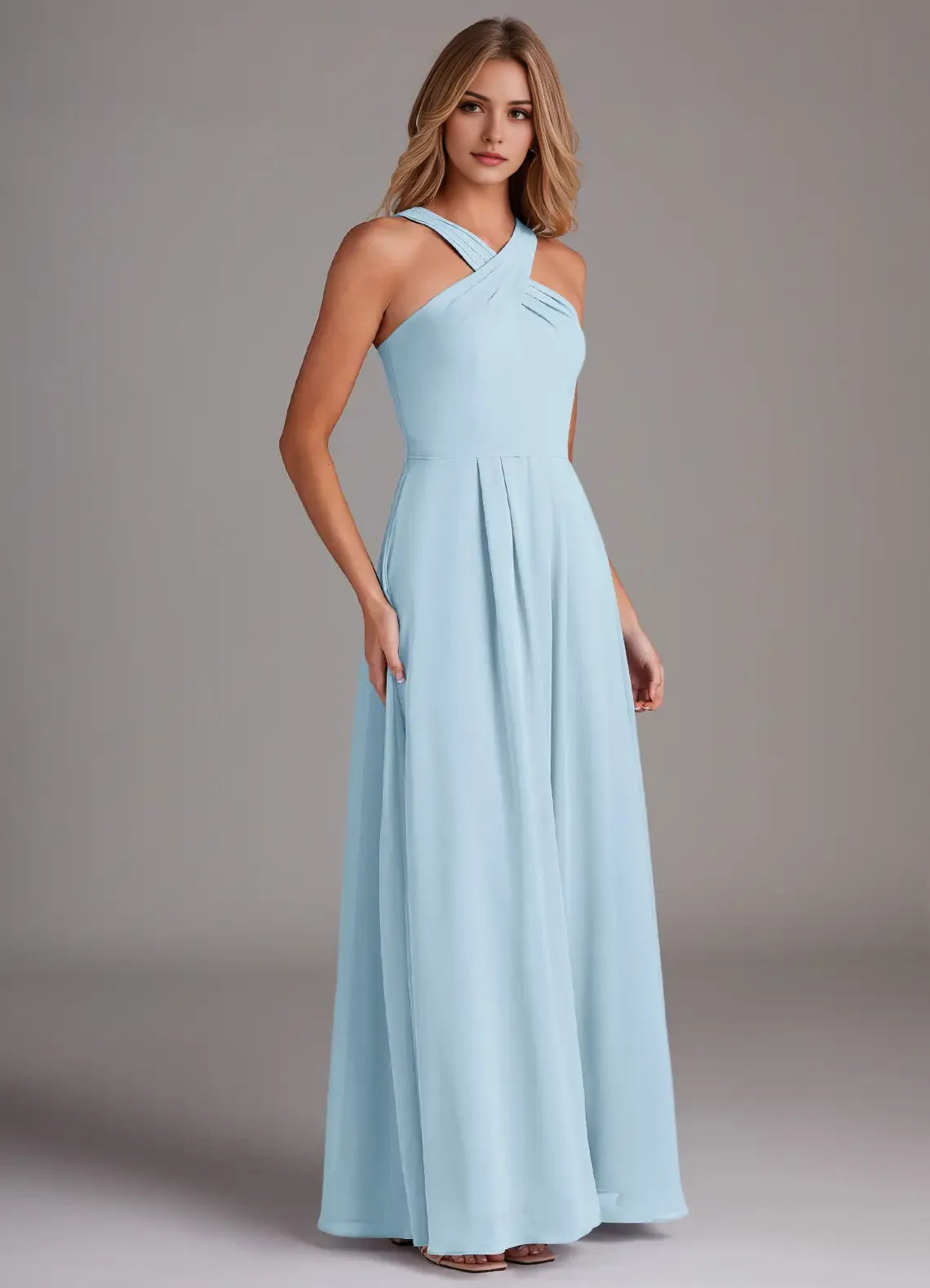 Charming A-Line Chiffon Cross Halter Neck Sleeveless Bow Back Floor Length Bridesmaid Dress