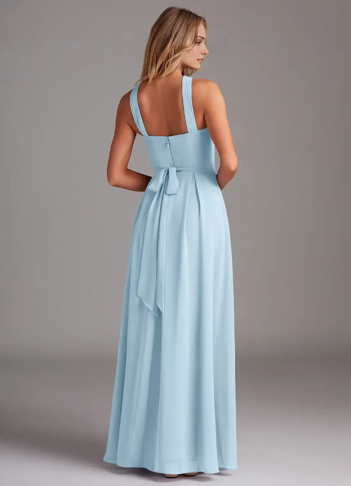 Charming A-Line Chiffon Cross Halter Neck Sleeveless Bow Back Floor Length Bridesmaid Dress