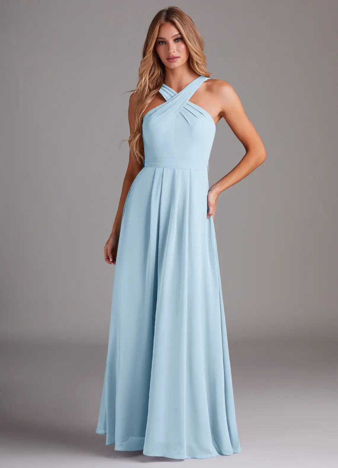 Charming A-Line Chiffon Cross Halter Neck Sleeveless Bow Back Floor Length Bridesmaid Dress
