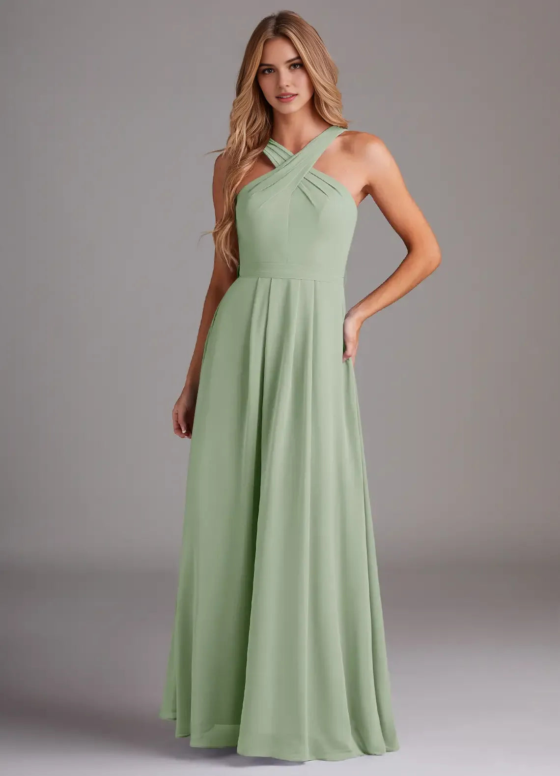 Charming A-Line Chiffon Halter Neck Sleeveless Bow Back Floor Length Bridesmaid Dress
