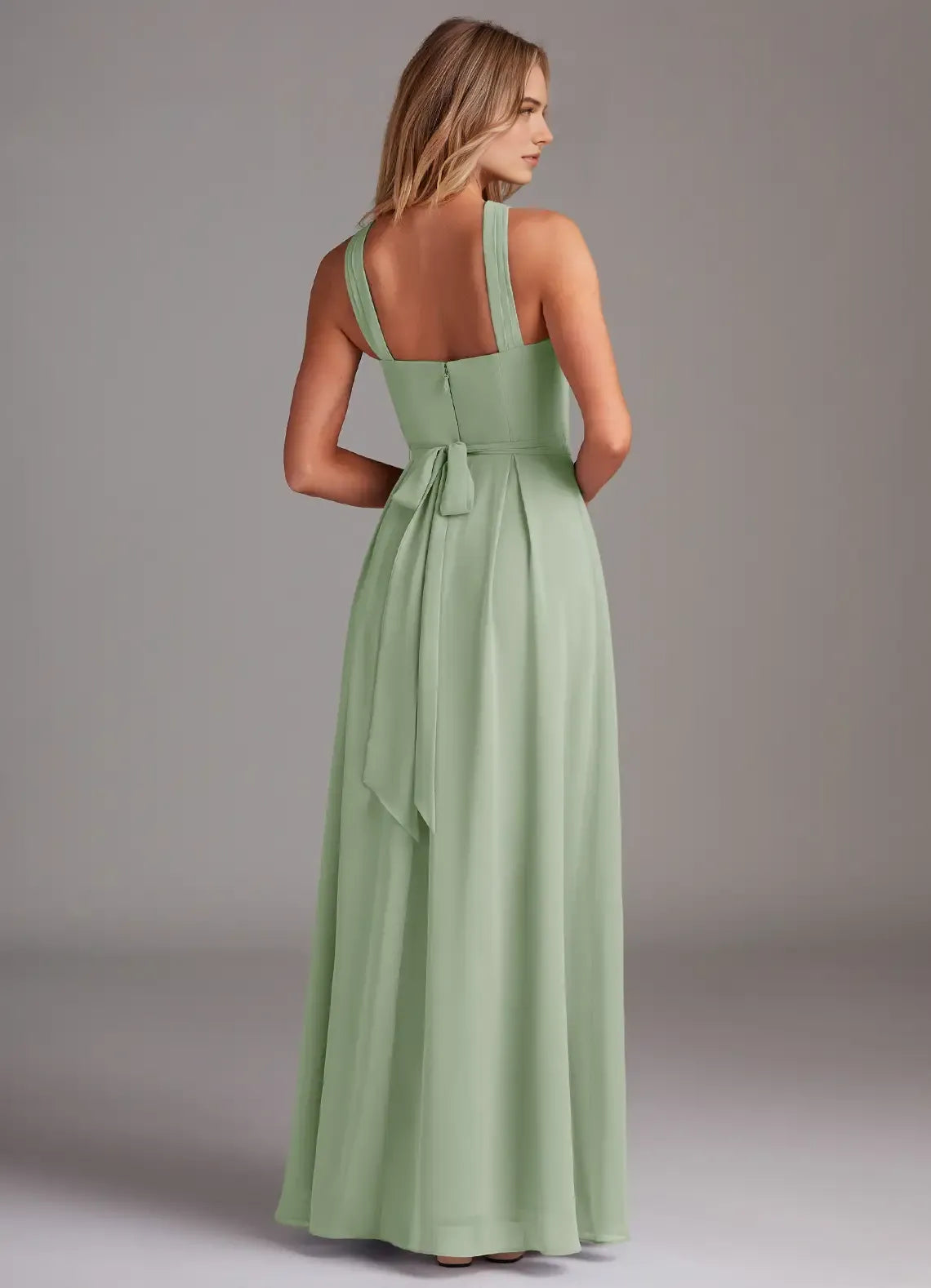 Charming A-Line Chiffon Halter Neck Sleeveless Bow Back Floor Length Bridesmaid Dress