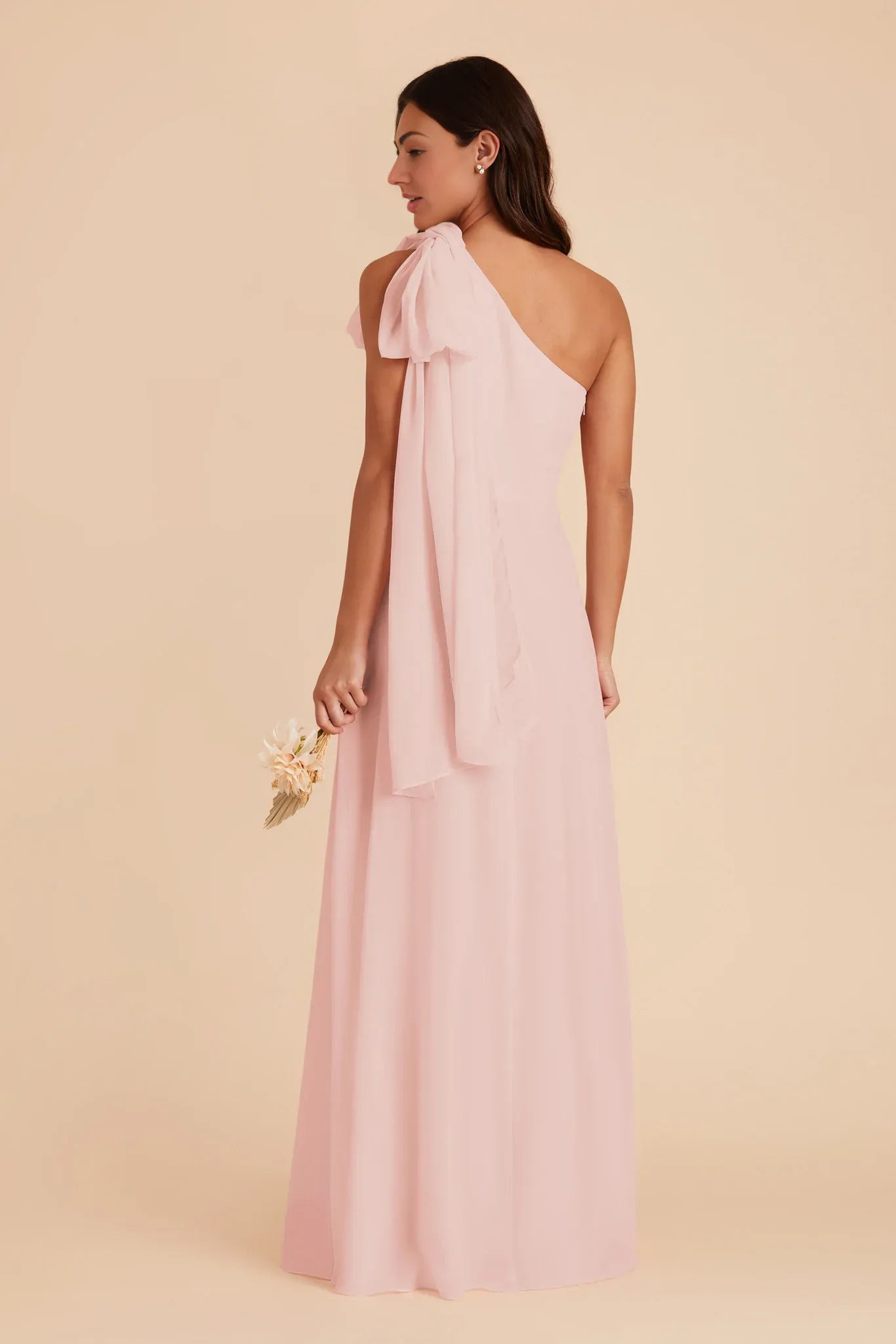 Charming A-Line Chiffon One Shoulder Bow Sleeve Open Back Floor Length Bridesmaid Dress