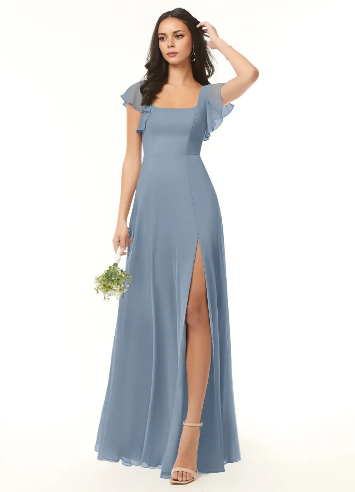 Charming A-Line Chiffon Square Neck Flutter Sleeve Tie Back Floor Length Bridesmaid Dress