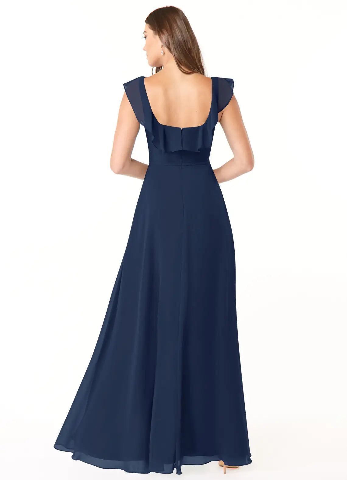 Charming A-Line Chiffon Square Neck Ruffle Sleeve Open Back Floor Length Bridesmaid Dress