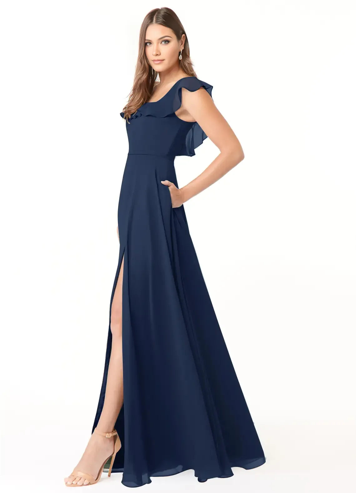Charming A-Line Chiffon Square Neck Ruffle Sleeve Open Back Floor Length Bridesmaid Dress