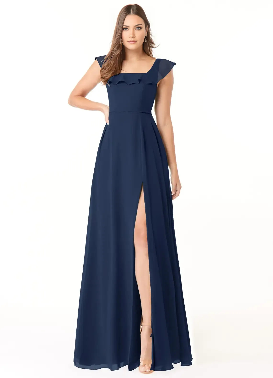 Charming A-Line Chiffon Square Neck Ruffle Sleeve Open Back Floor Length Bridesmaid Dress