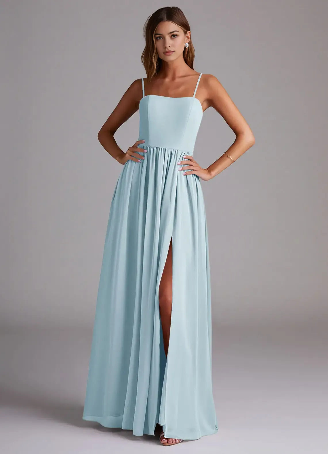 Charming A-Line Chiffon Square Neck Spaghetti Strap Zipper Back Floor Length Bridesmaid Dress