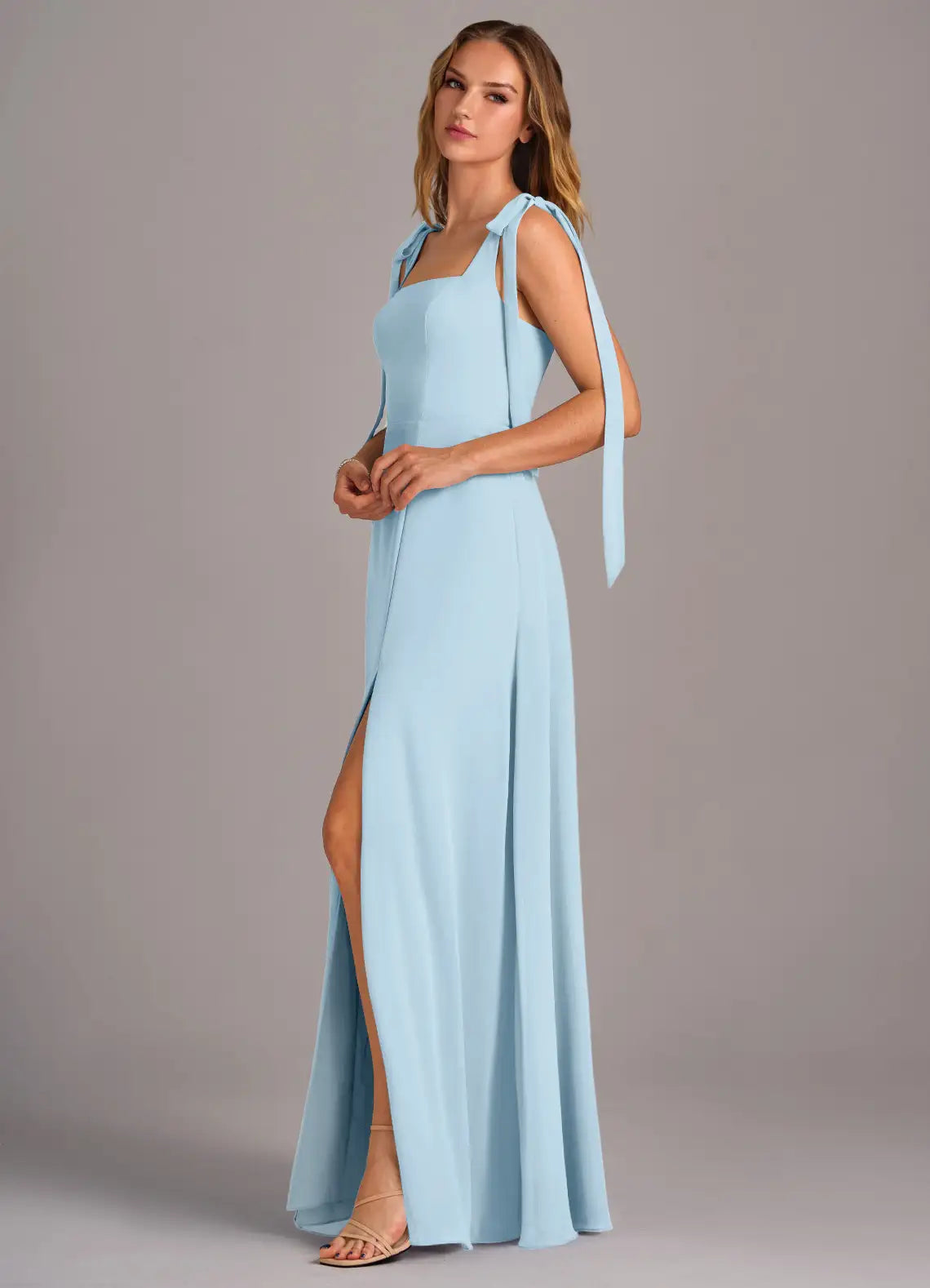 Charming A-Line Chiffon Square Neck Tie Strap Open Back Floor Length Bridesmaid Dress