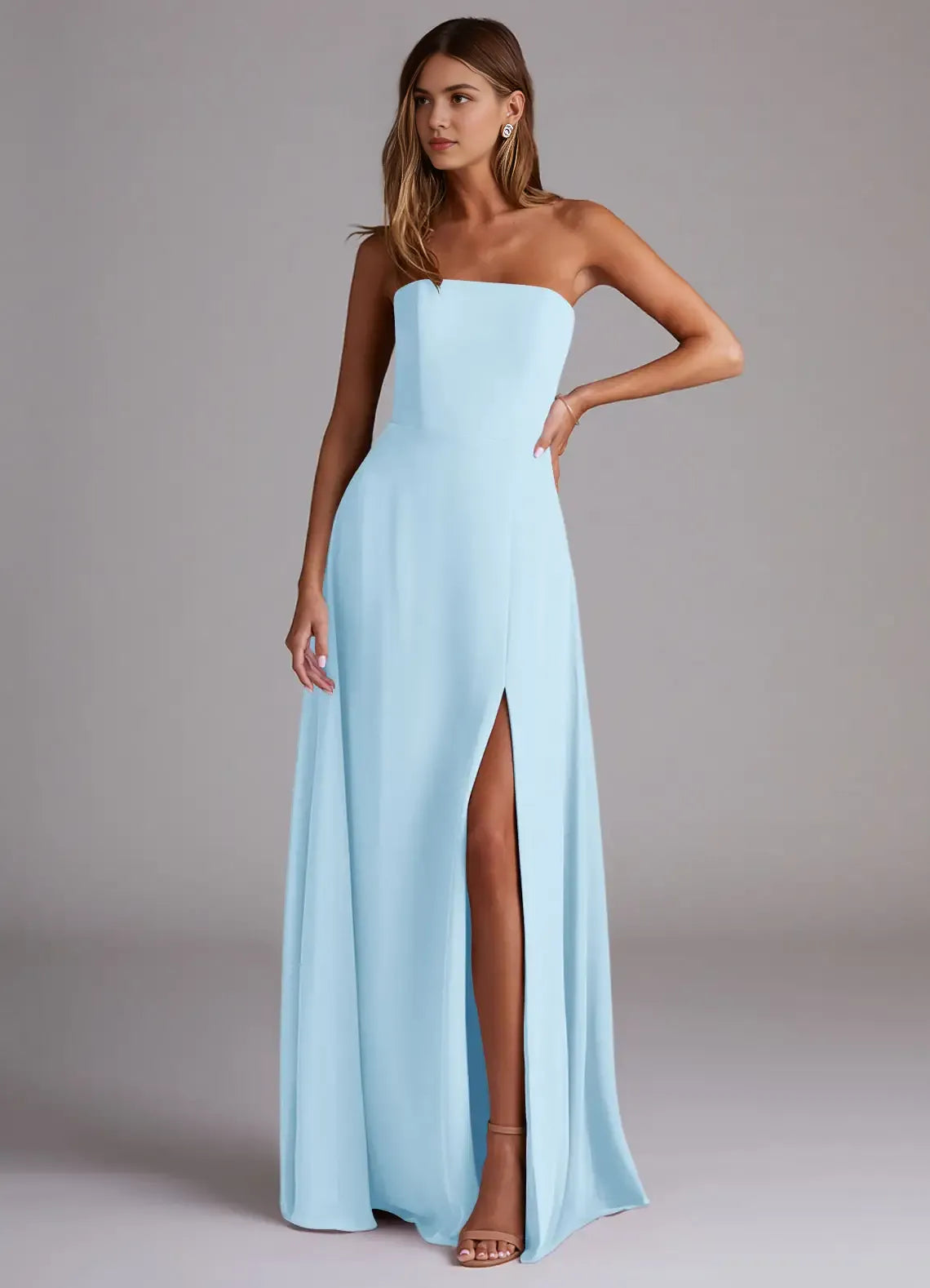 Charming A-Line Chiffon Strapless Sleeveless Open Back Floor-Length Bridesmaid Dress