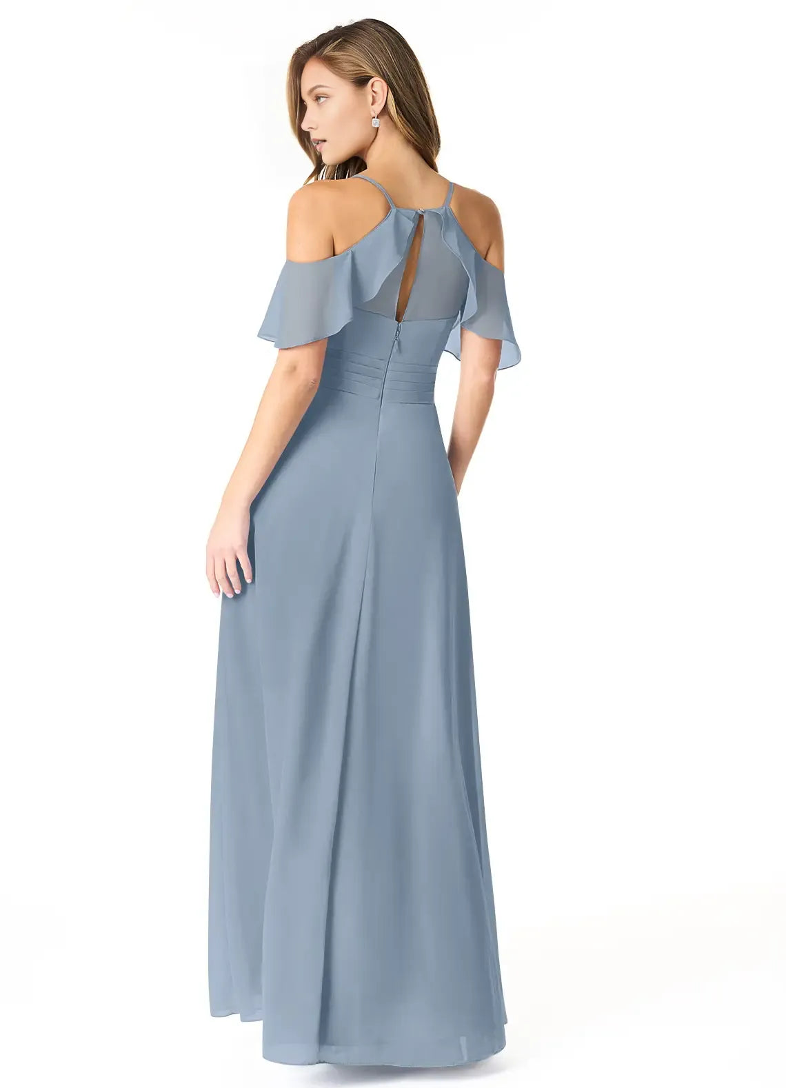 Charming A-Line Chiffon V Neck Ruffle Cold Shoulder Keyhole-Back Floor-Length Bridesmaid Dress