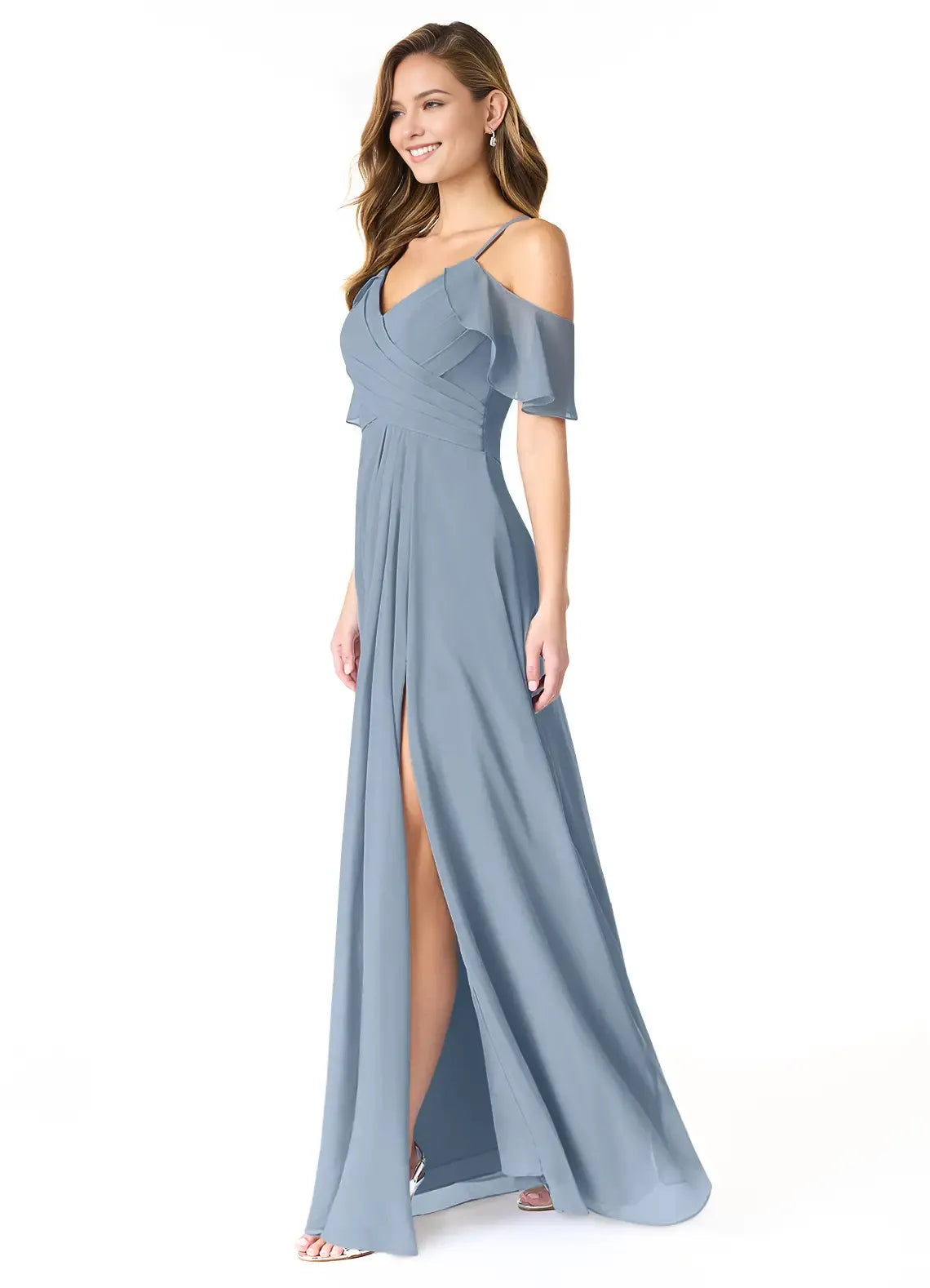 Charming A-Line Chiffon V Neck Ruffle Cold Shoulder Keyhole-Back Floor-Length Bridesmaid Dress
