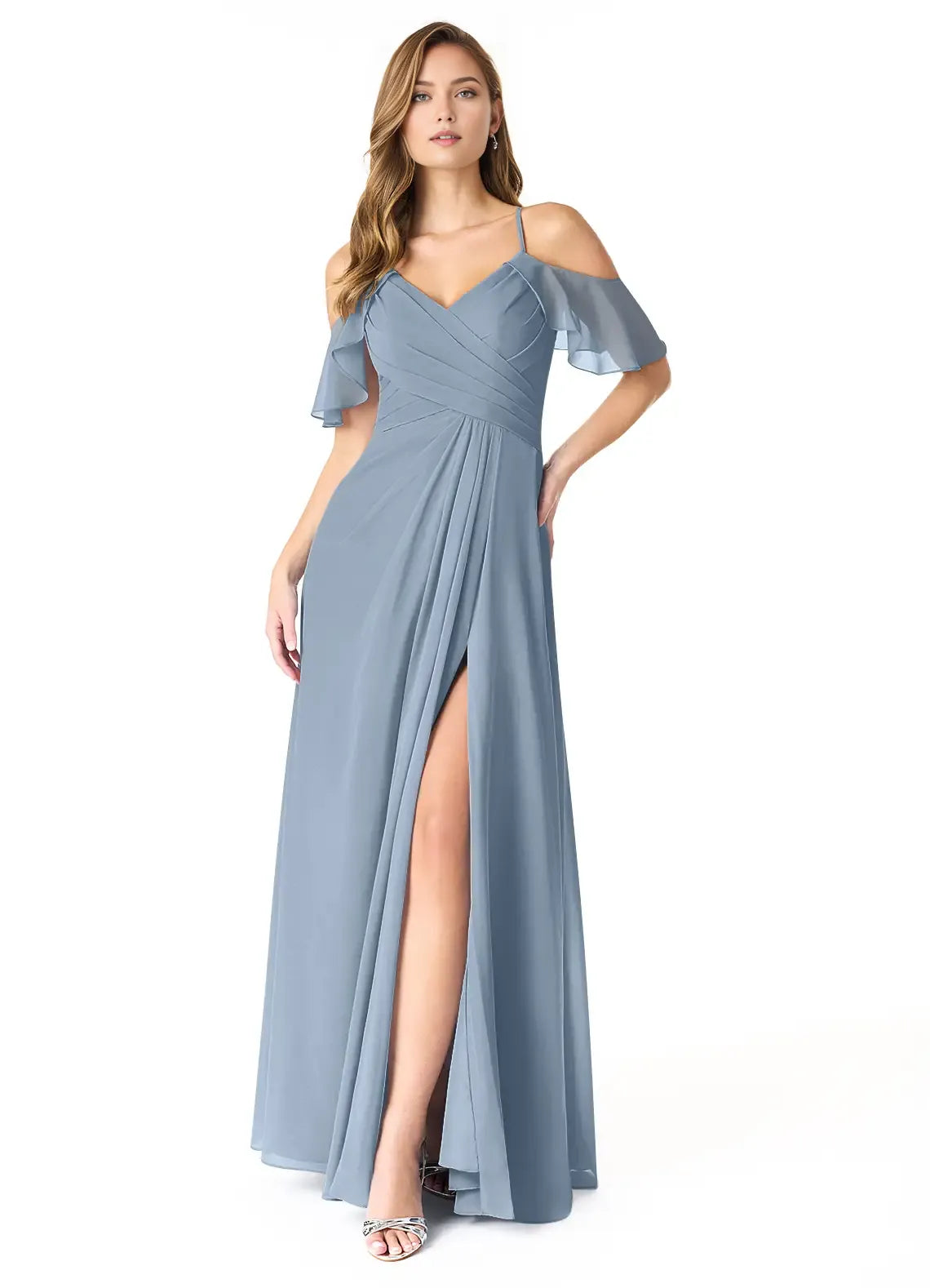 Charming A-Line Chiffon V Neck Ruffle Cold Shoulder Keyhole-Back Floor-Length Bridesmaid Dress