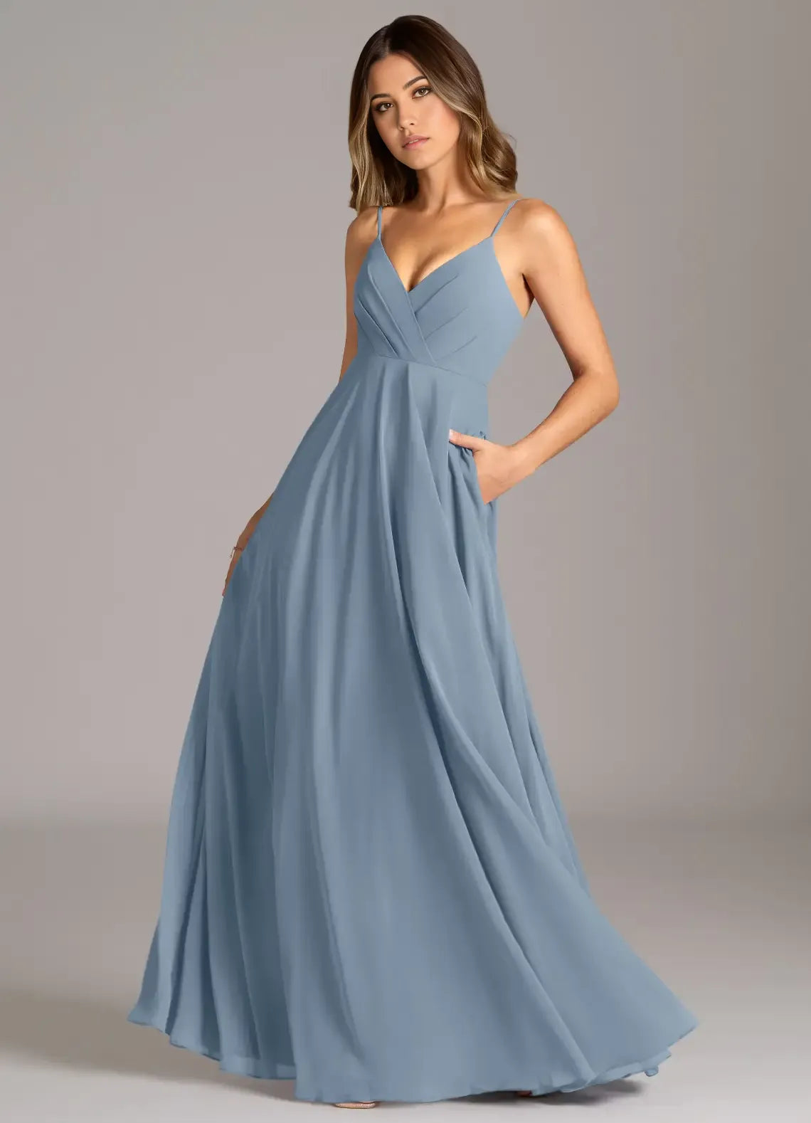 Charming A-Line Chiffon V-Neck Spaghetti-Strap Open-Back Floor-Length Bridesmaid Dress