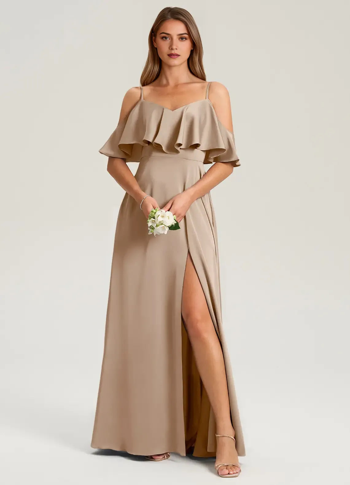 Charming A-Line Cold Shoulder Ruffle Sleeve V Back Floor Length Bridesmaid Dress