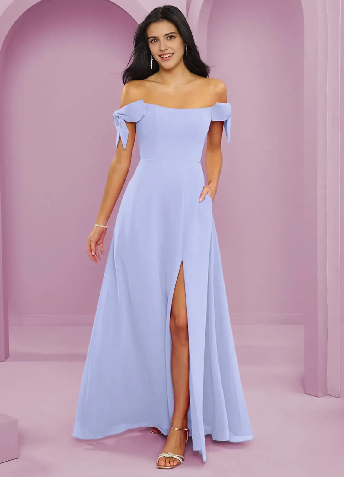 Charming A-Line Off the Shoulder Bow Sleeve Scoop Back Floor Length Bridesmaid Dress