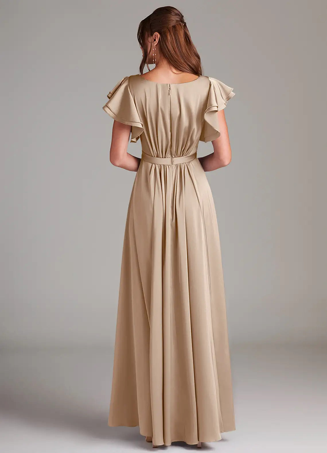 Charming A-Line Round Neck Ruffle Short Sleeve Pleated Back Floor Length Bridesmaid Dress