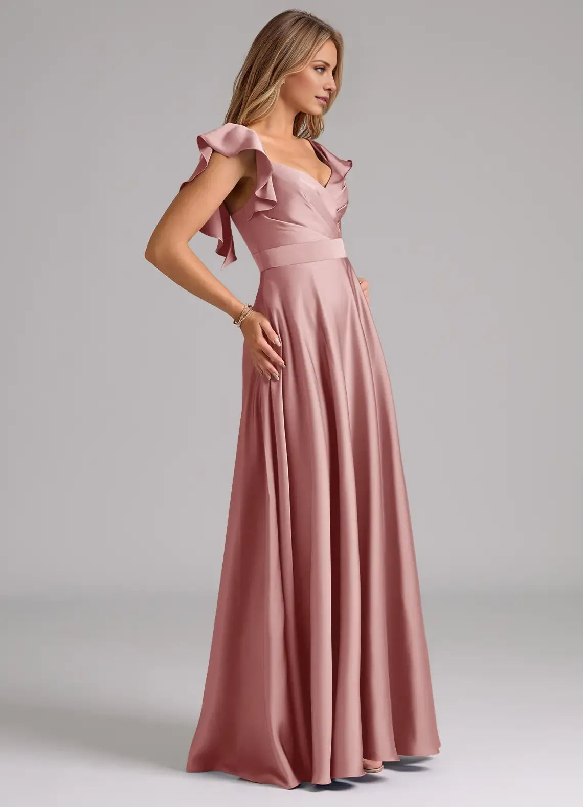 Charming A-Line Satin V Neck Ruffle Sleeve Open Back Floor Length Bridesmaid Dress