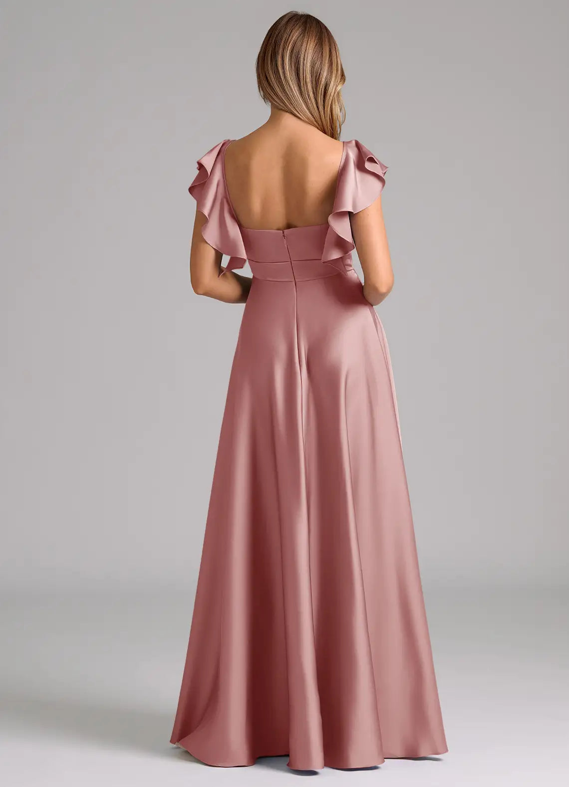 Charming A-Line Satin V Neck Ruffle Sleeve Open Back Floor Length Bridesmaid Dress