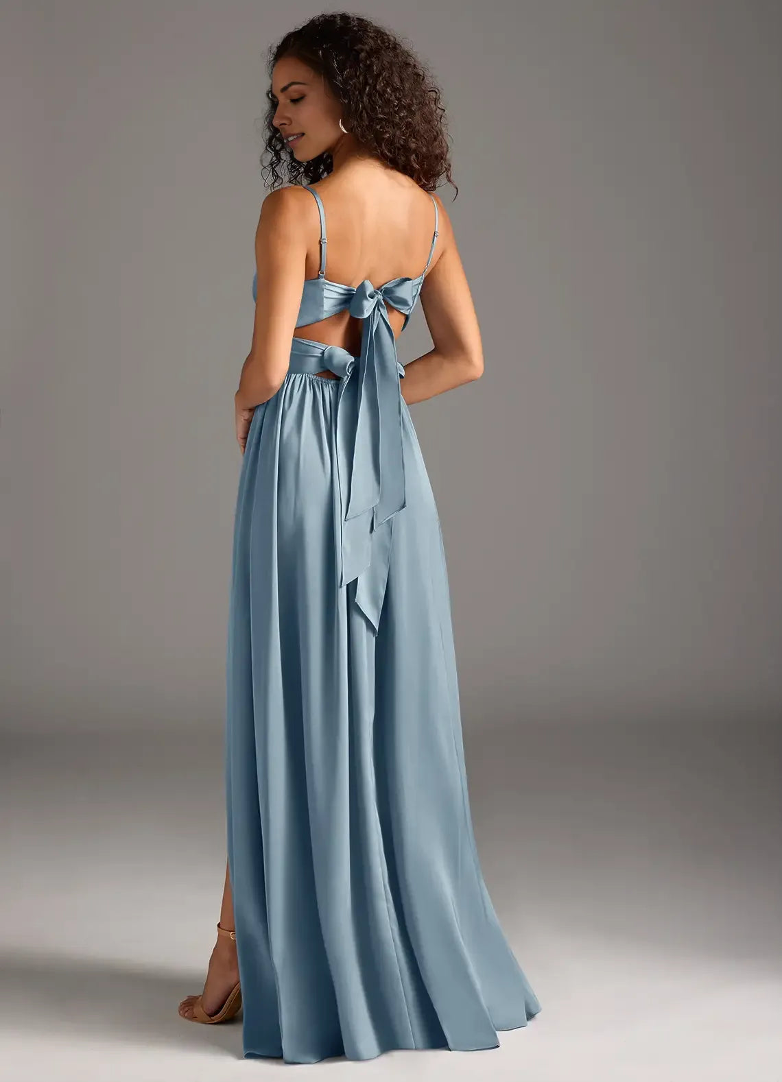 Charming A-Line Satin V Neck Spaghetti Strap Bow Cutout Back Floor Length Bridesmaid Dress