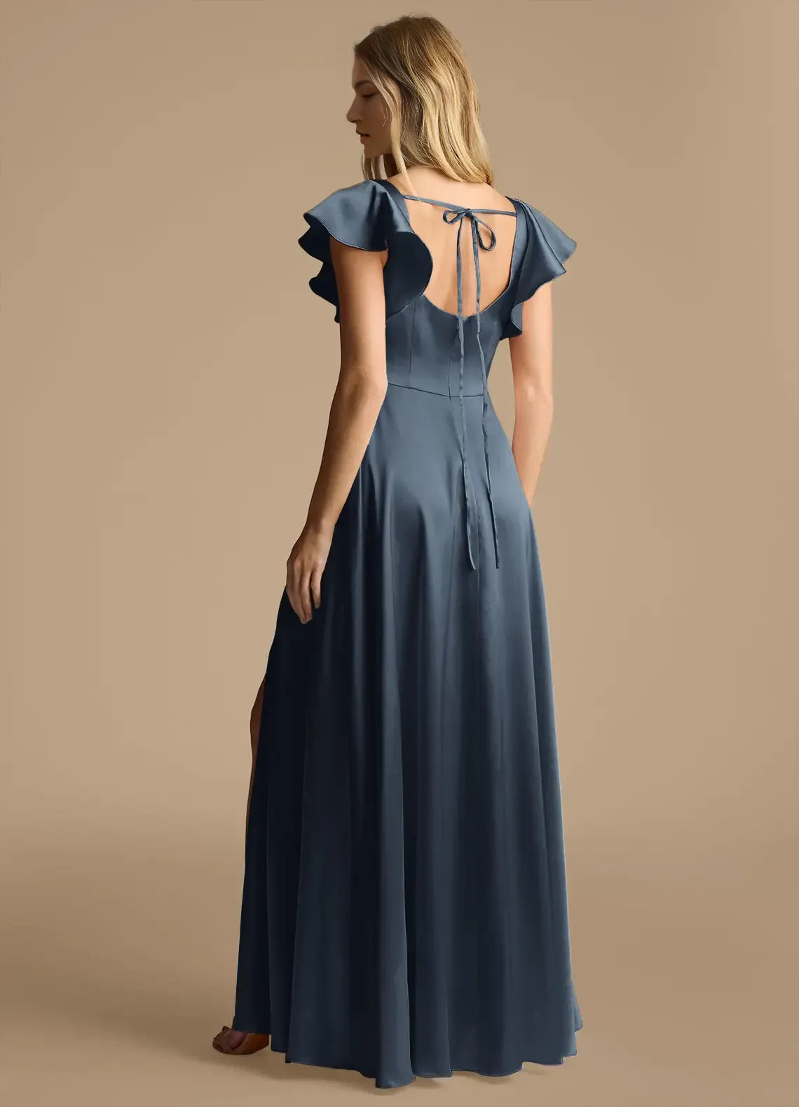 Charming A-Line Square Neck Ruffle Short Sleeve Tie Back Floor Length Bridesmaid Dress