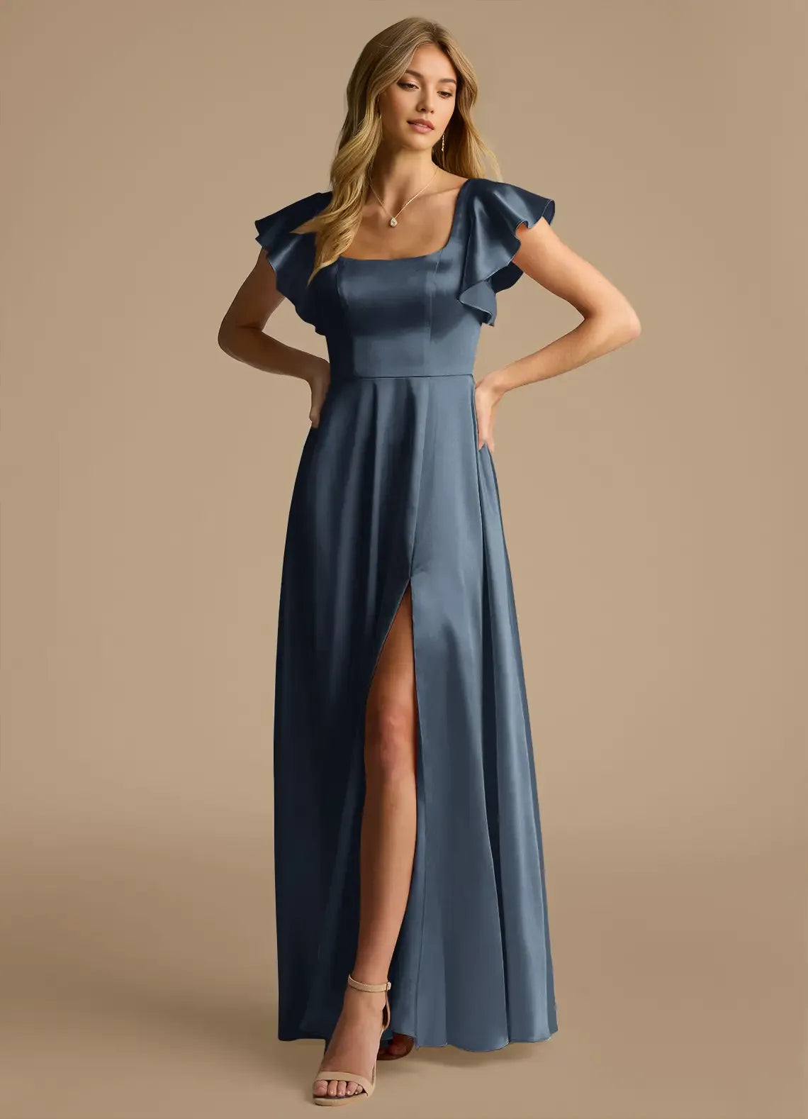 Charming A-Line Square Neck Ruffle Short Sleeve Tie Back Floor Length Bridesmaid Dress
