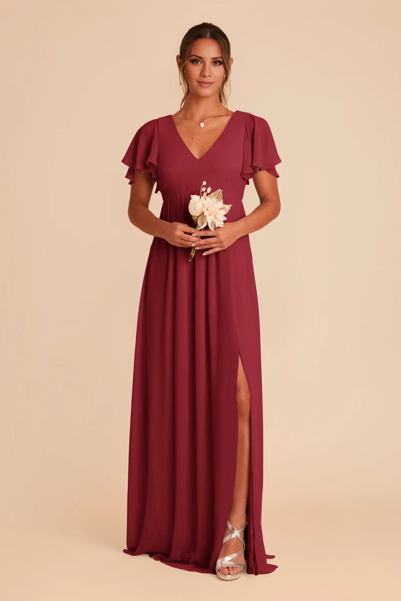 Charming Flowy Chiffon V-Neck Flutter-Sleeve Open-Back Floor-Length Bridesmaid Dresses