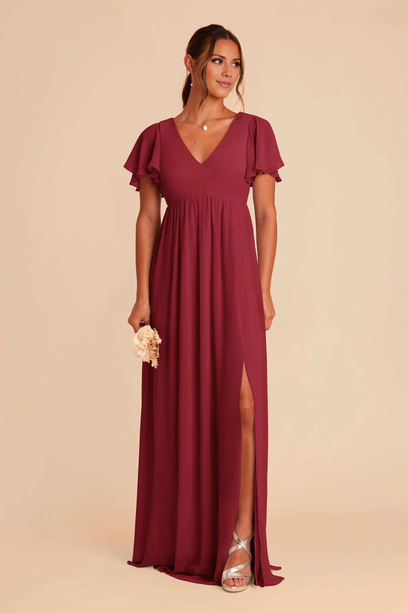 Charming Flowy Chiffon V-Neck Flutter-Sleeve Open-Back Floor-Length Bridesmaid Dresses