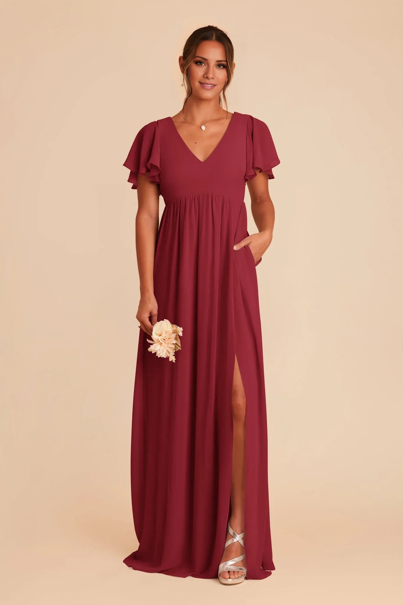 Charming Flowy Chiffon V-Neck Flutter-Sleeve Open-Back Floor-Length Bridesmaid Dresses