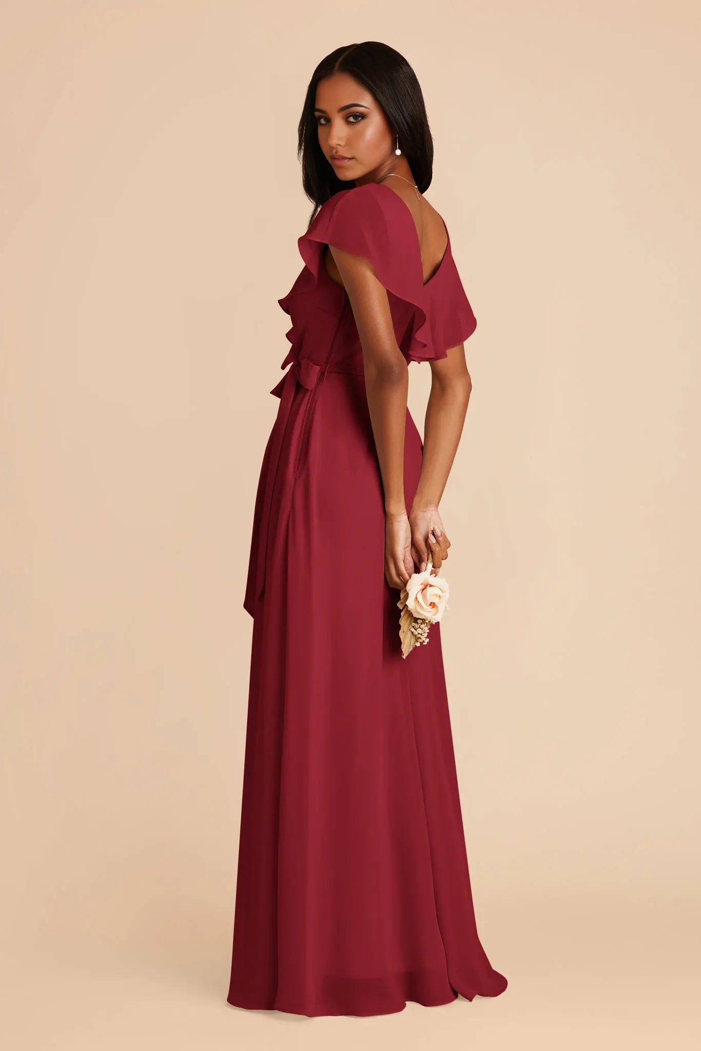 Charming Flowy Chiffon V Neck Ruffle Sleeve Tie Back Floor Length Bridesmaid Dresses
