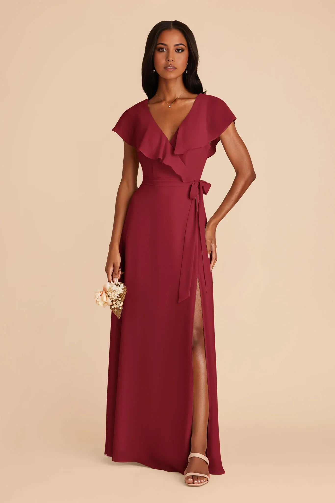 Charming Flowy Chiffon V Neck Ruffle Sleeve Tie Back Floor Length Bridesmaid Dresses