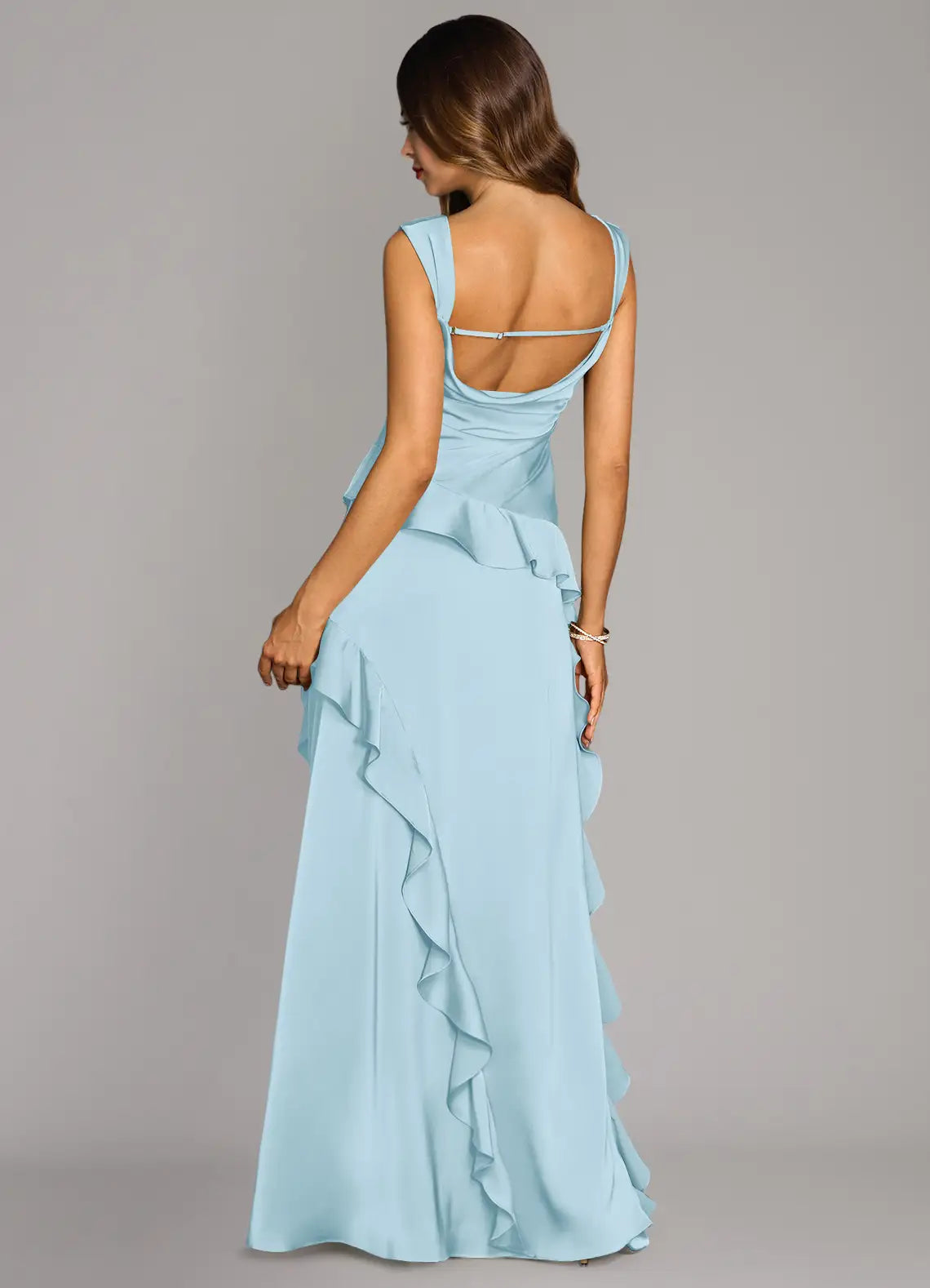 Charming High Low Satin Square Neck Sleeveless Open Back Floor Length Bridesmaid Dress
