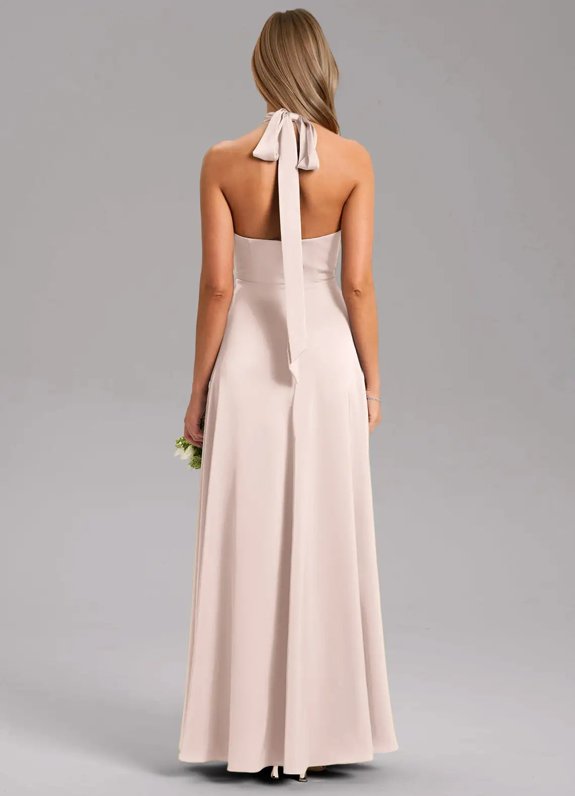Charming Sheath Chiffon Halter Neck Sleeveless Bow Back Floor Length Bridesmaid Dress