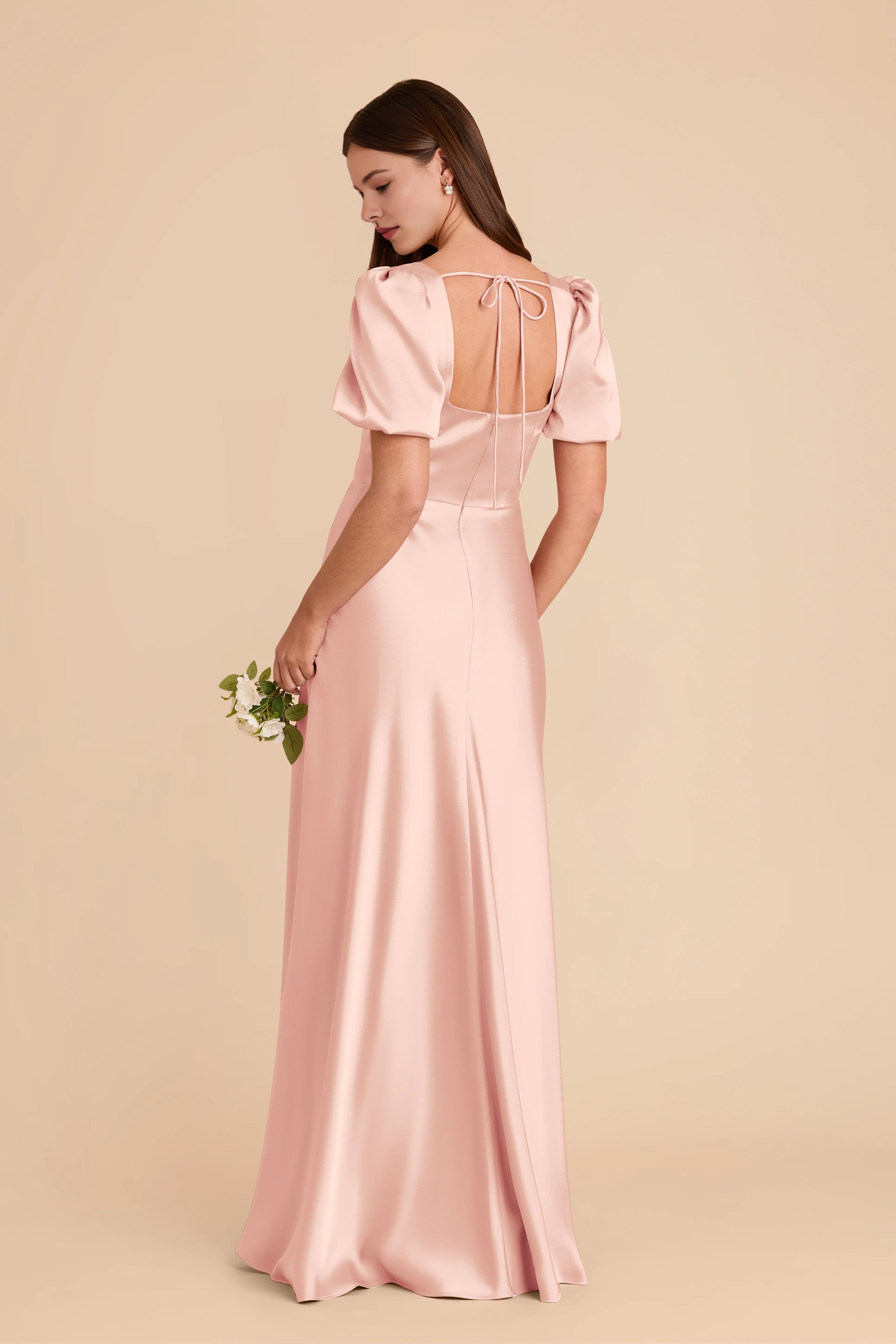 Charming Sheath Satin Square Neck Puff Sleeve Zipper Back Floor Length Bridesmaid Dress