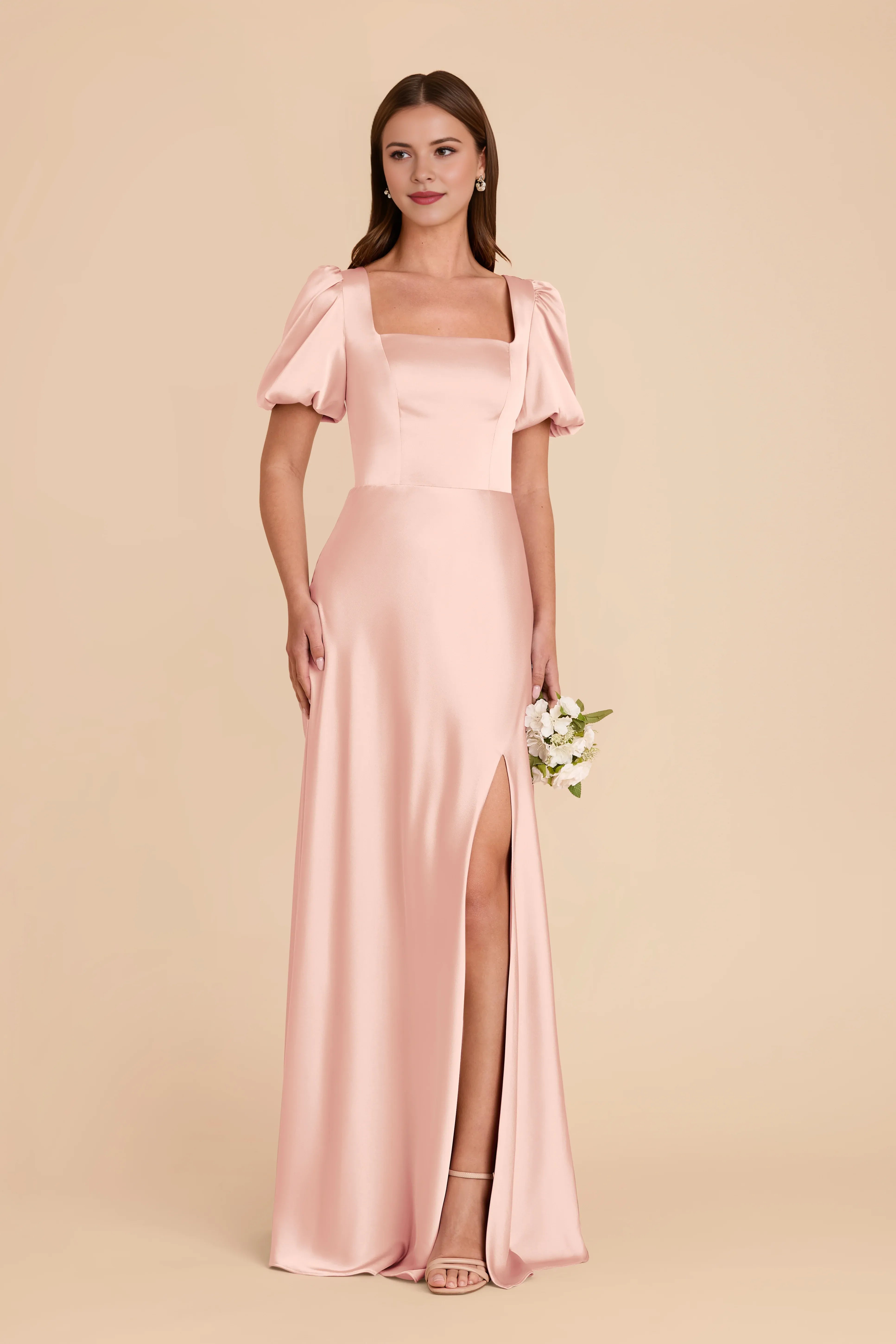 Charming Sheath Satin Square Neck Puff Sleeve Zipper Back Floor Length Bridesmaid Dress