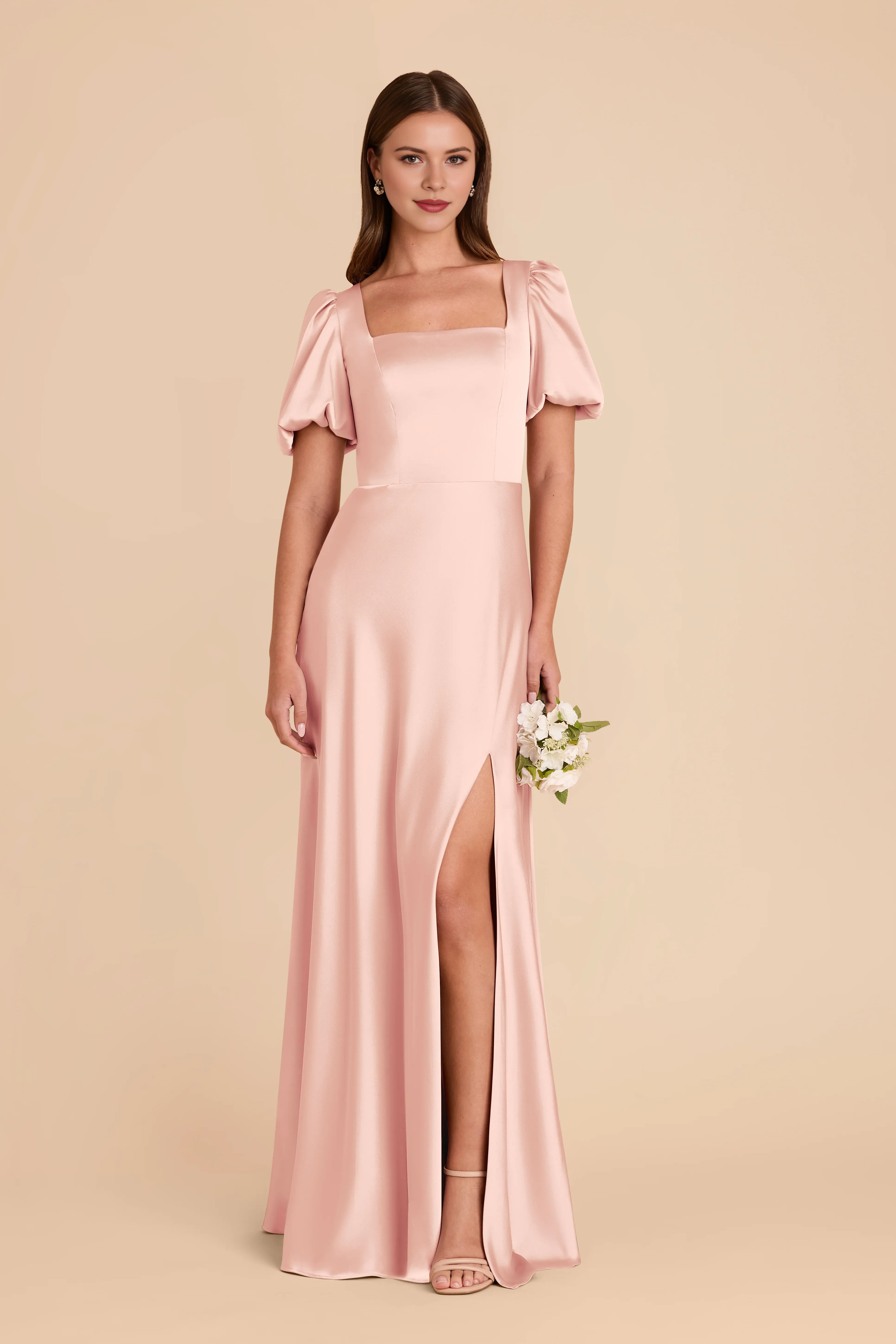 Charming Sheath Satin Square Neck Puff Sleeve Zipper Back Floor Length Bridesmaid Dress