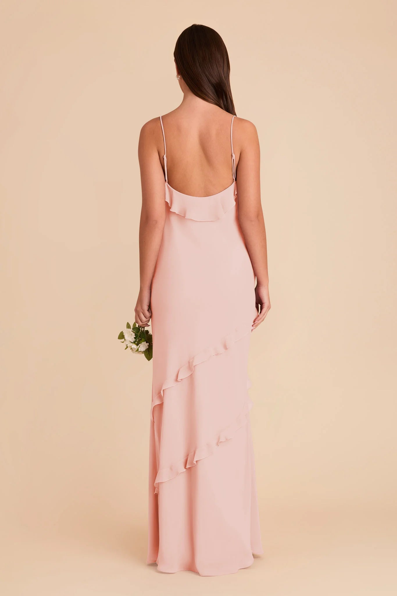 Charming Slip Chiffon V Neck Spaghetti Strap Open Back Floor Length Bridesmaid Dress