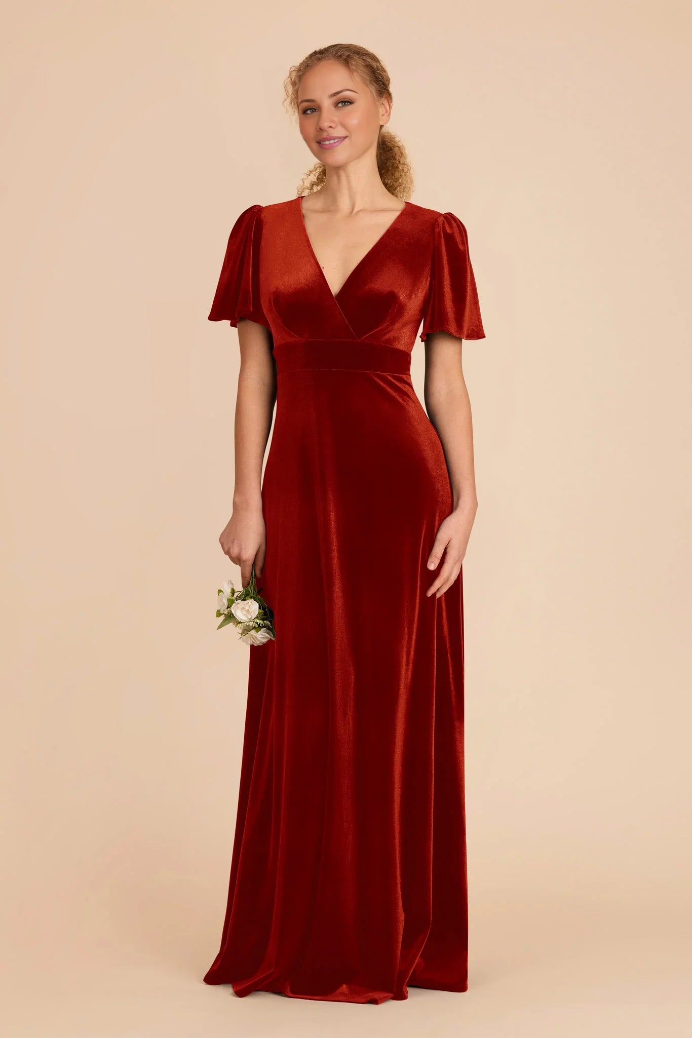 Charming Burnt Orange Velvet Deep V-Neck Puff-Sleeve Maxi Bridesmaid Dress with Waist Accent