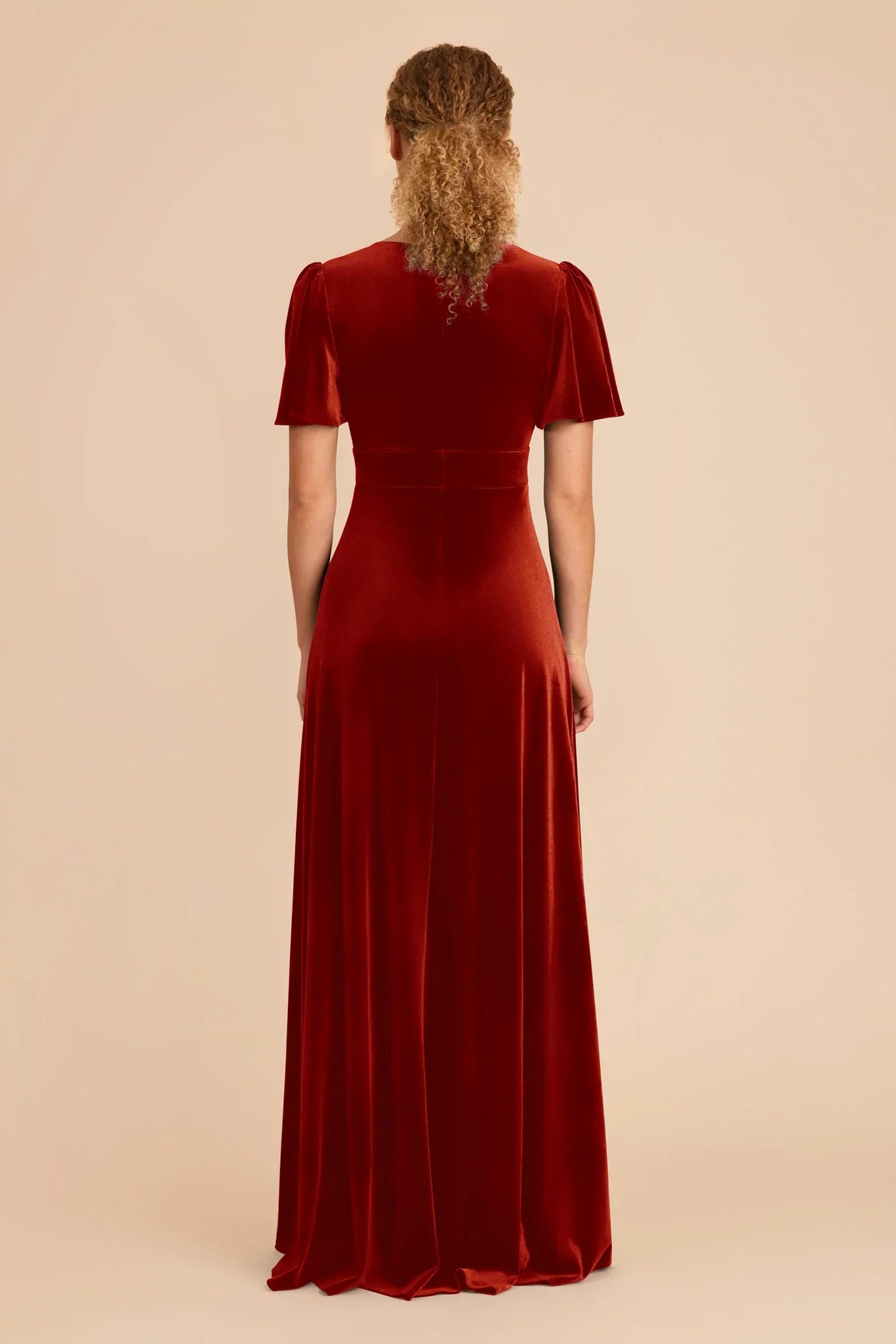 Charming Burnt Orange Velvet Deep V-Neck Puff-Sleeve Maxi Bridesmaid Dress with Waist Accent