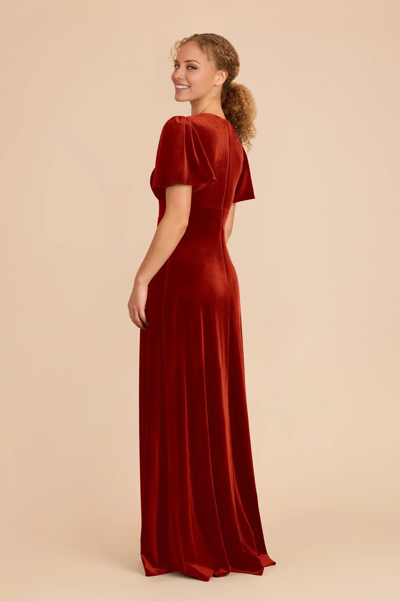 Charming Burnt Orange Velvet Deep V-Neck Puff-Sleeve Maxi Bridesmaid Dress with Waist Accent