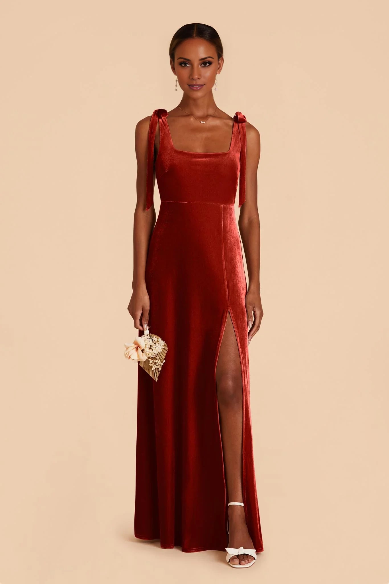Charming Burnt Orange Velvet Square Neck Bow-Strap Maxi Bridesmaid Dress with High Side Slit & Open Back