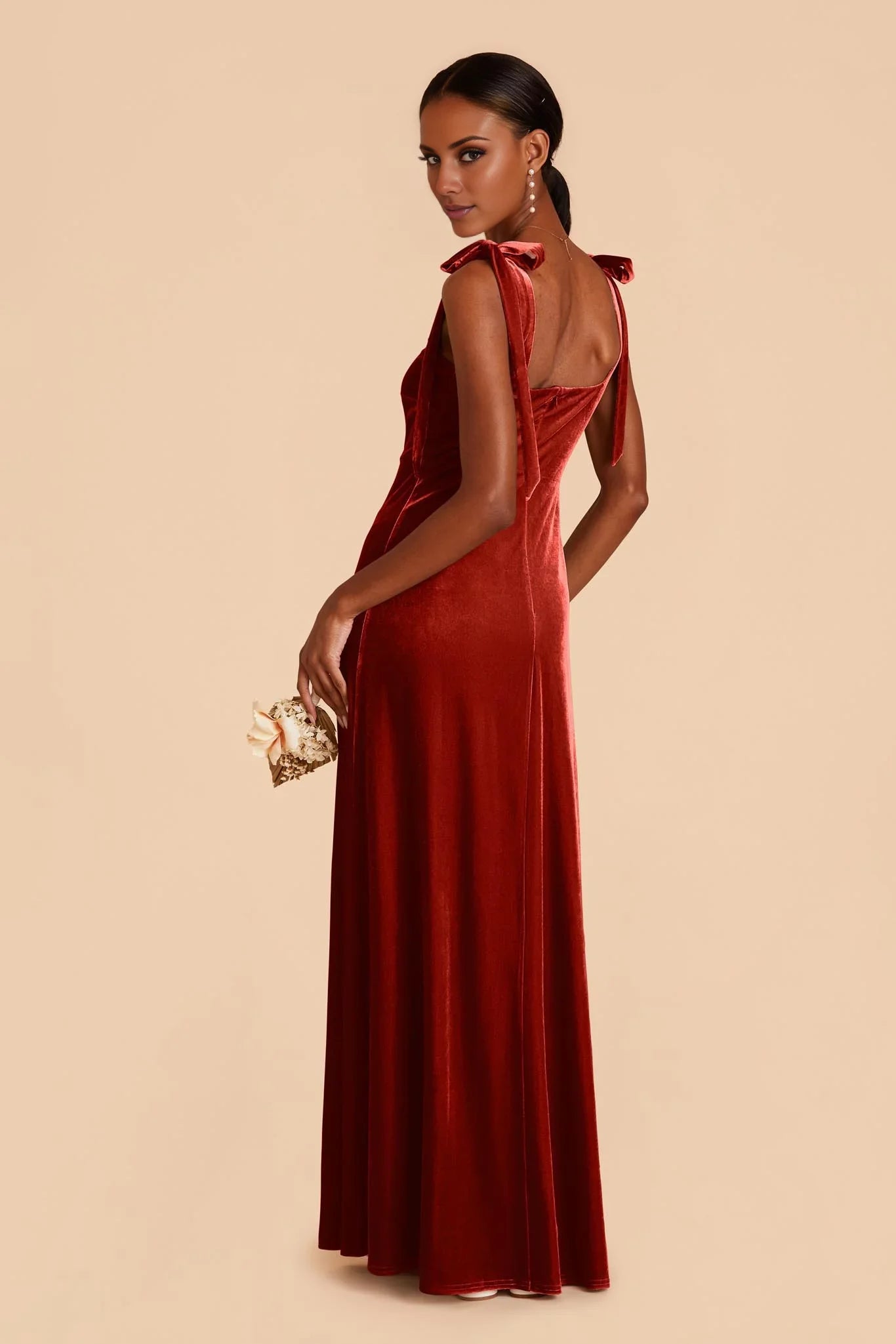 Charming Burnt Orange Velvet Square Neck Bow-Strap Maxi Bridesmaid Dress with High Side Slit & Open Back