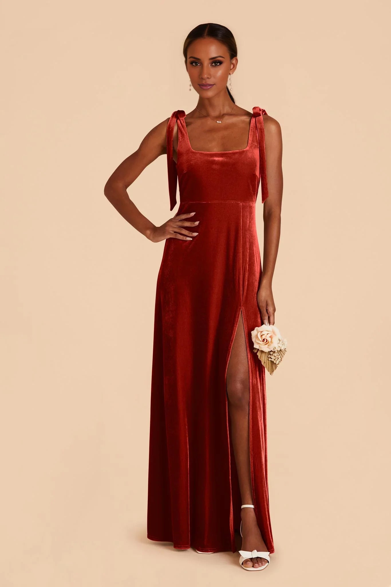 Charming Burnt Orange Velvet Square Neck Bow-Strap Maxi Bridesmaid Dress with High Side Slit & Open Back