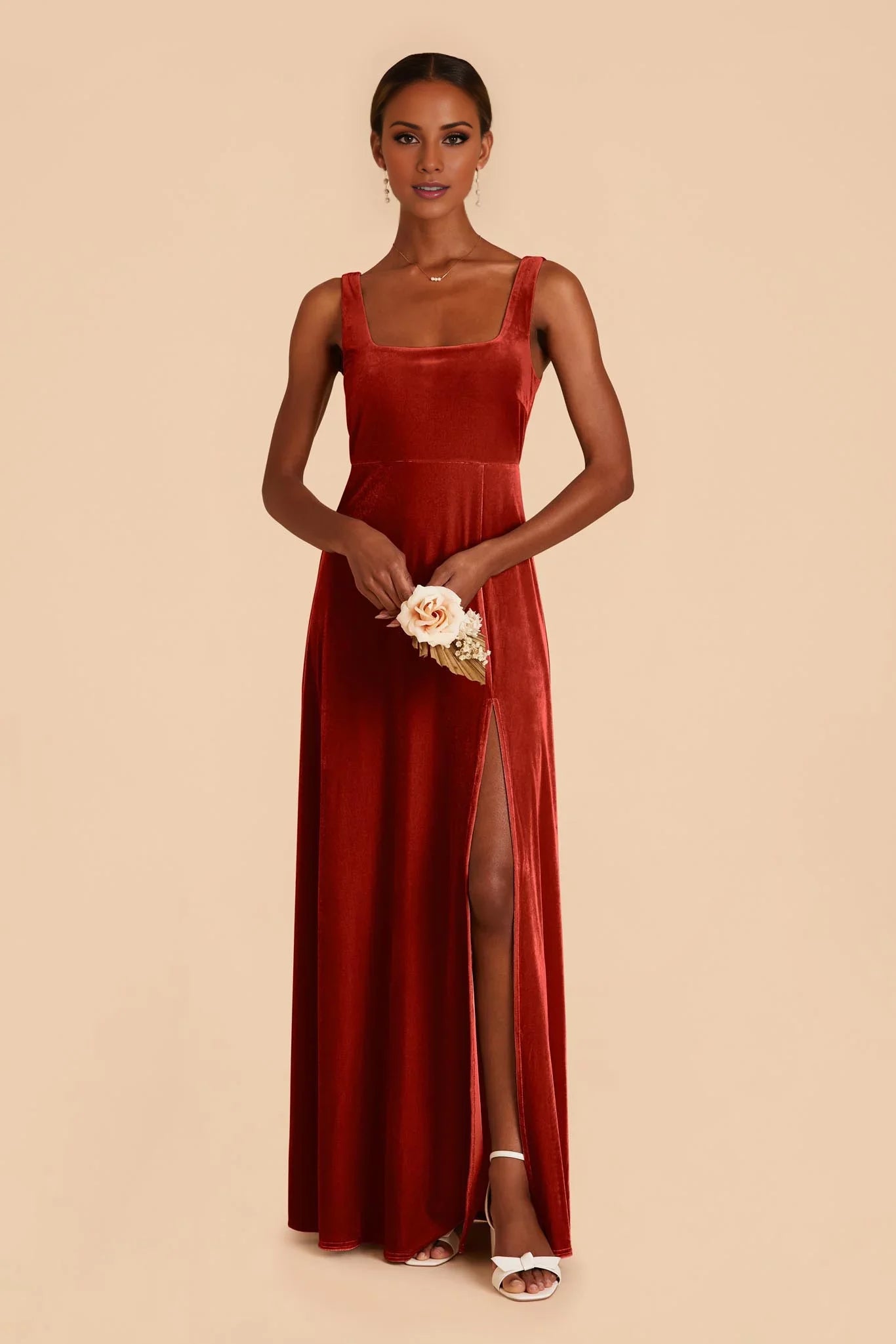 Charming Burnt Orange Velvet Square Neck Bow-Strap Maxi Bridesmaid Dress with High Side Slit & Open Back