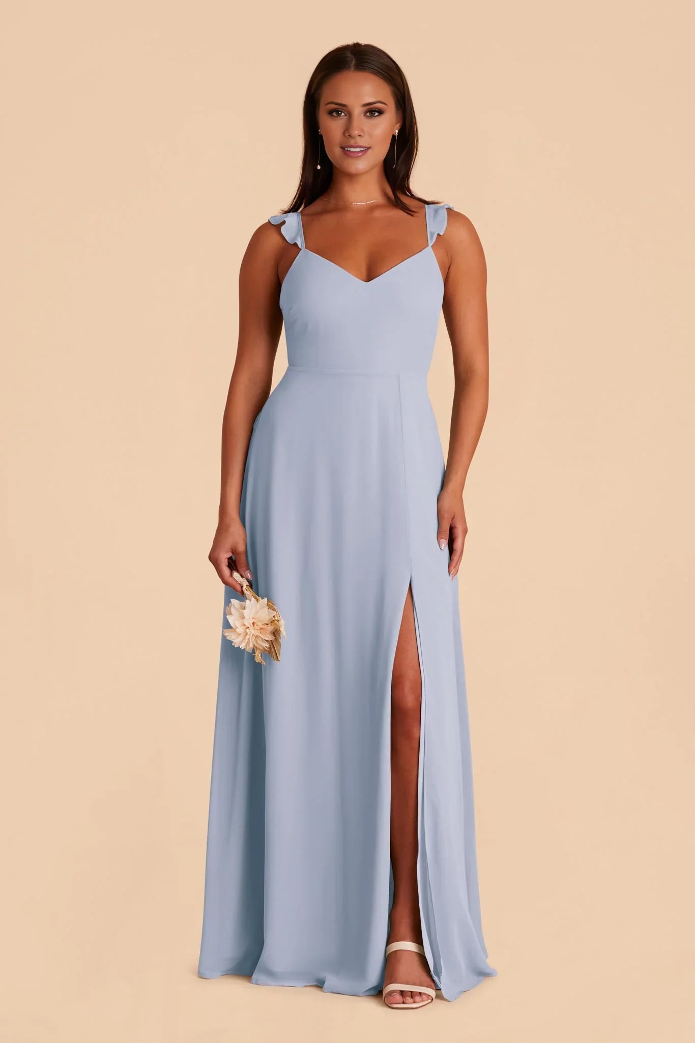 Charming Dusty Blue Chiffon Deep V-Neck Ruffle-Strap Maxi Bridesmaid Dress with Cutout Back & High Side Slit